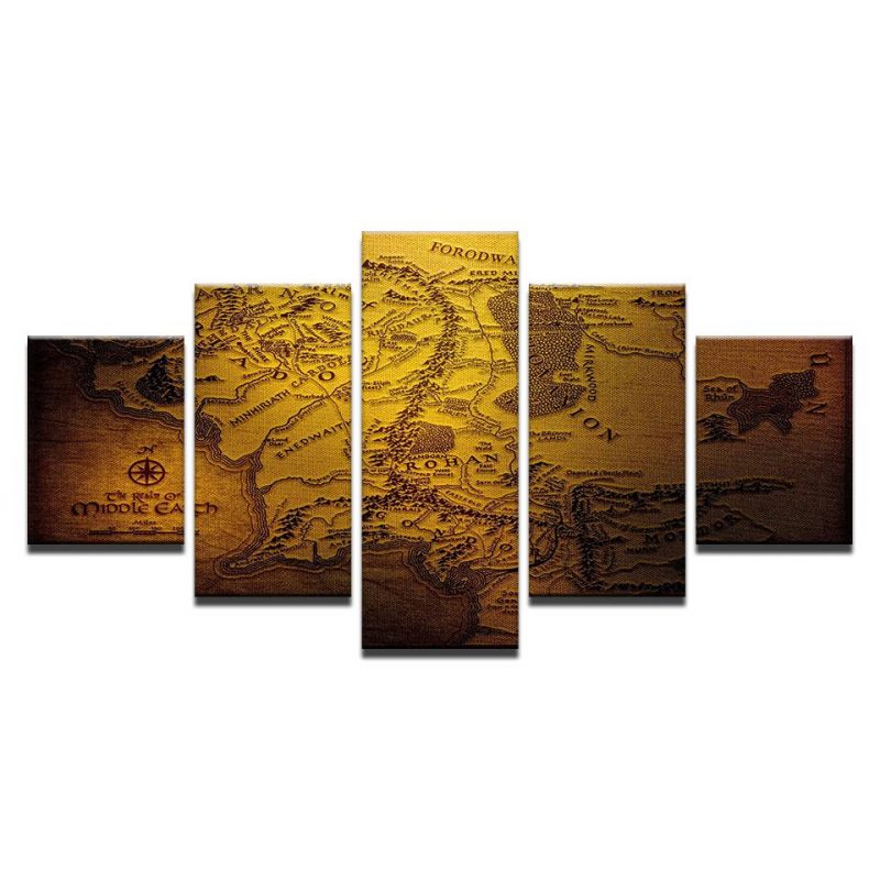 Vintage Abstract Middle Earth Map Abstract 5 Panel Canvas Art Wall