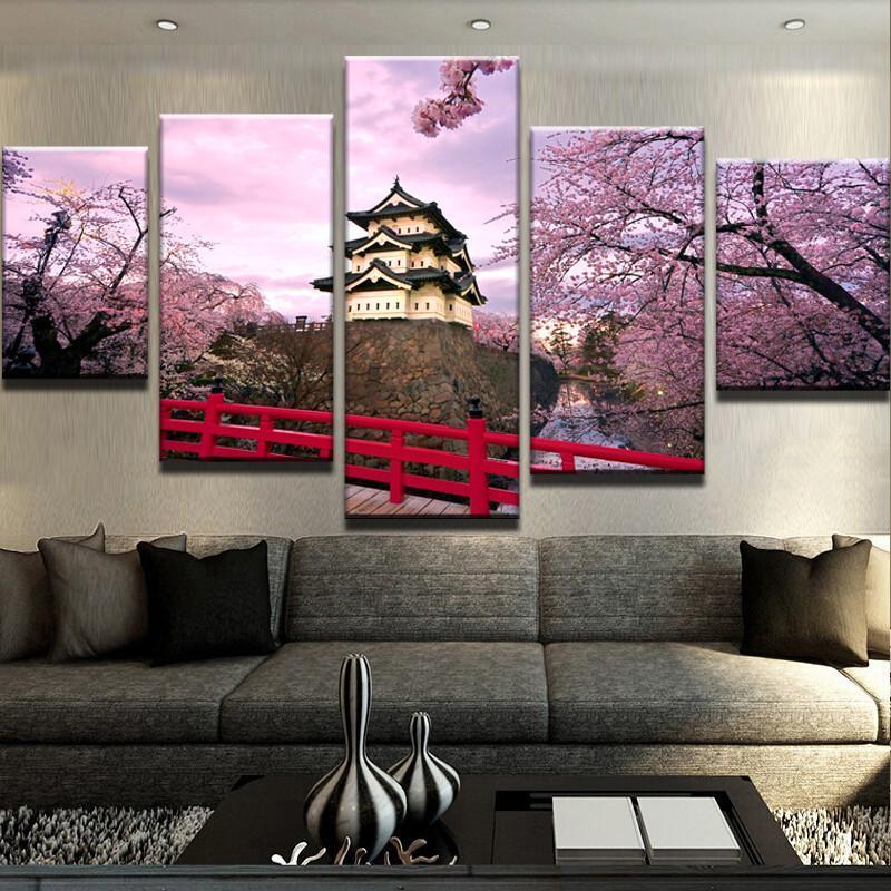 Japanese Cherry Blossom Canvas Wall Art Train Home Decor Prints 