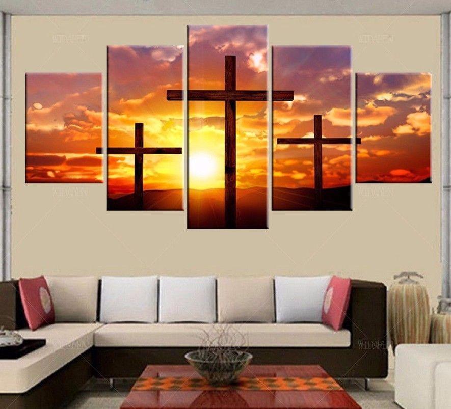 Christian Cross Jesus Sunset Religion 5 Panel Canvas Art