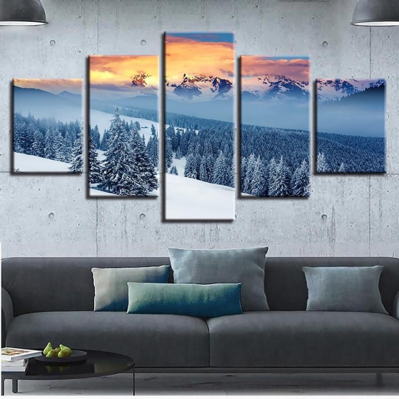 Forest Mountain Sunset Snow – Nature 5 Panel Canvas Art Wall Decor ...