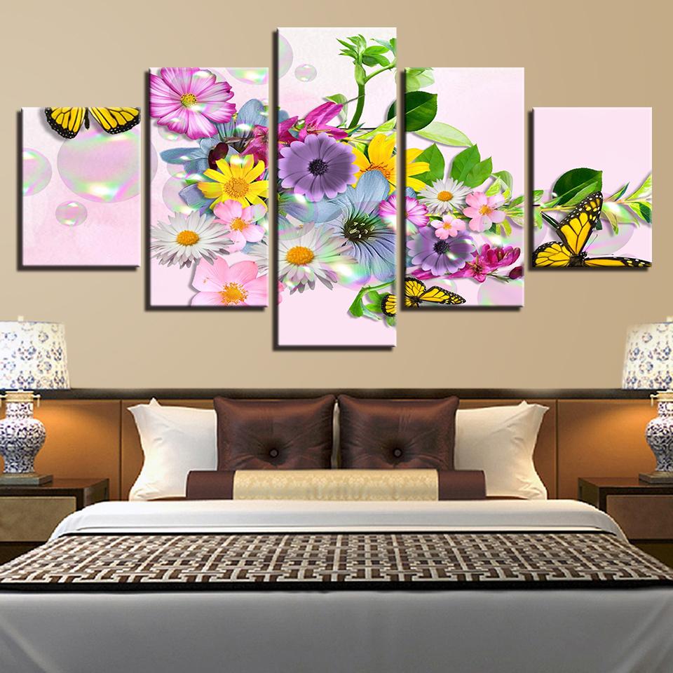 Butterfly And Colorful Flowers – Nature 5 Panel Canvas Art Wall Decor ...