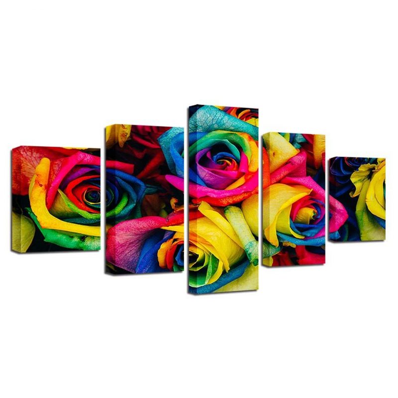 Rainbow Rose Flower – Nature 5 Panel Canvas Art Wall Decor – Canvas Storm