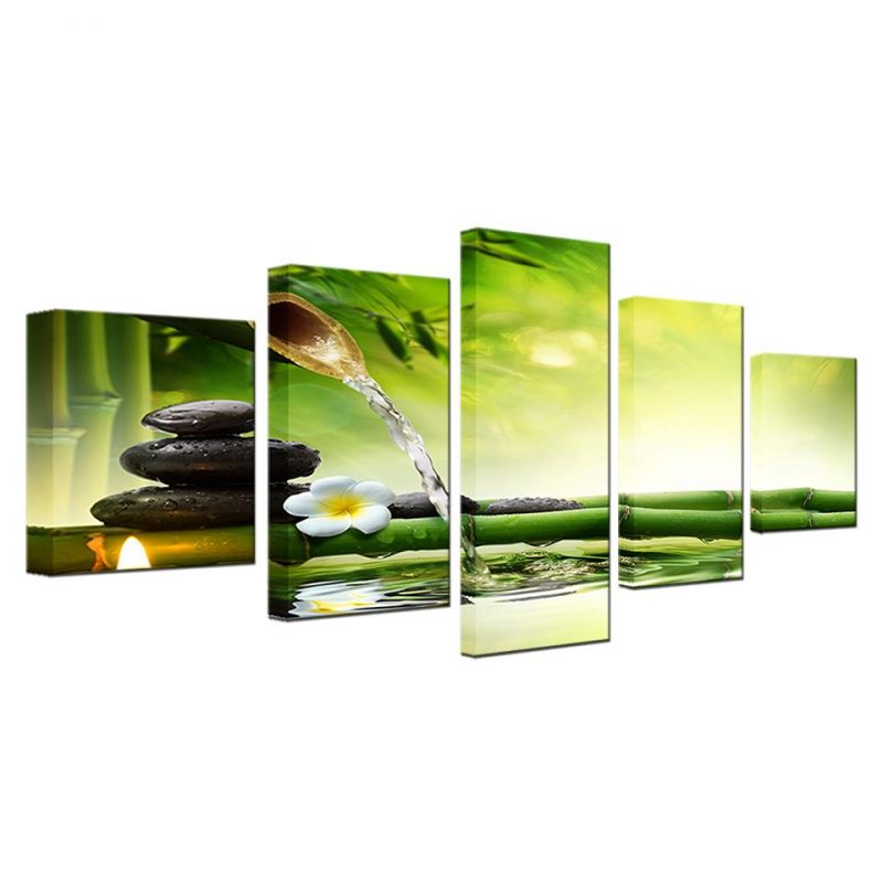 Spring Stone Bamboo Flowing Water – Nature 5 Panel Canvas Art Wall ...