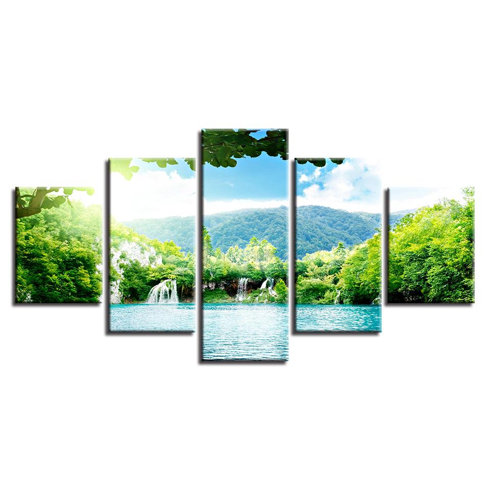 Waterfall Green Mountain Green – Nature 5 Panel Canvas Art Wall Decor ...