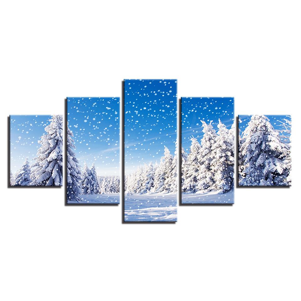 Christmas Pine Trees Snowing – Nature 5 Panel Canvas Art Wall Decor ...