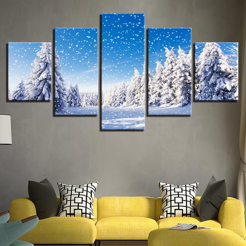 Christmas Pine Trees Snowing – Nature 5 Panel Canvas Art Wall Decor ...