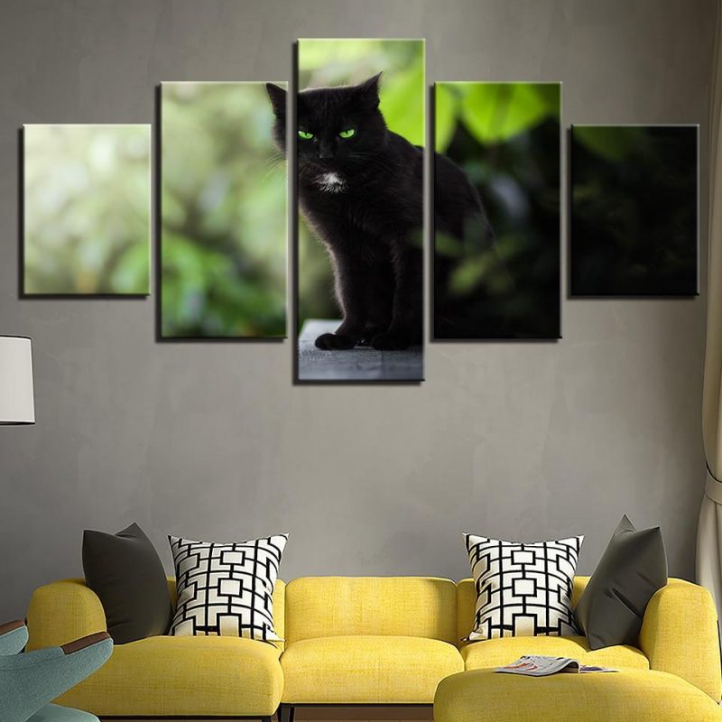 Black Cats Green Eyes – Animal 5 Panel Canvas Art Wall Decor – Canvas Storm