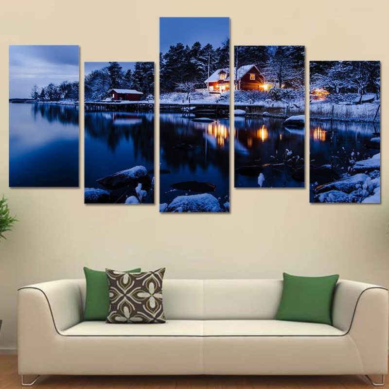 Winter Snow Lake House – Nature 5 Panel Canvas Art Wall Decor – Canvas ...