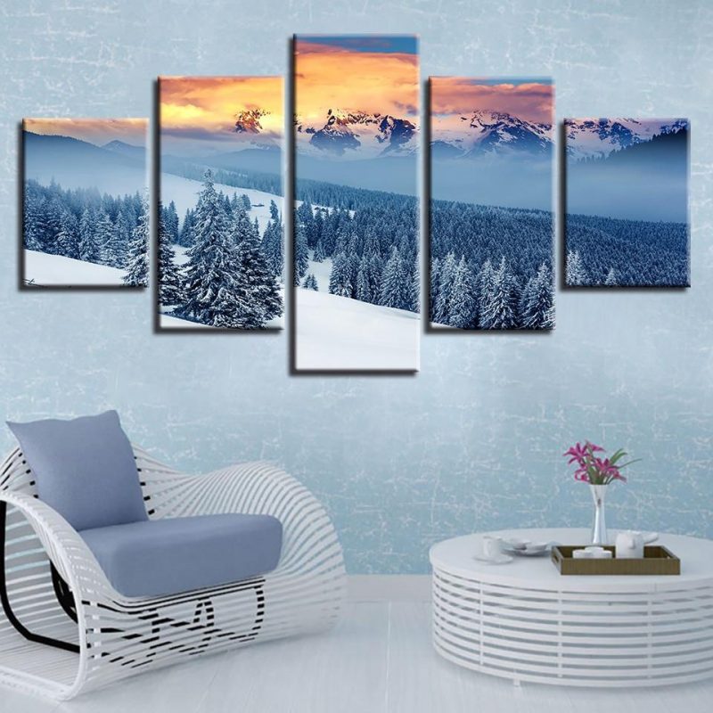 Forest Mountain Sunset Snow – Nature 5 Panel Canvas Art Wall Decor ...
