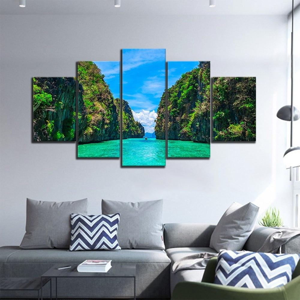 Green Hills And Water Blue Sky White Cloud – Nature 5 Panel Canvas Art ...