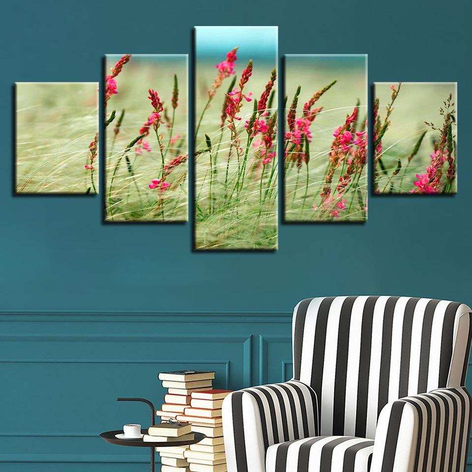 Purple Flower And Grass – Nature 5 Panel Canvas Art Wall Decor – Canvas ...
