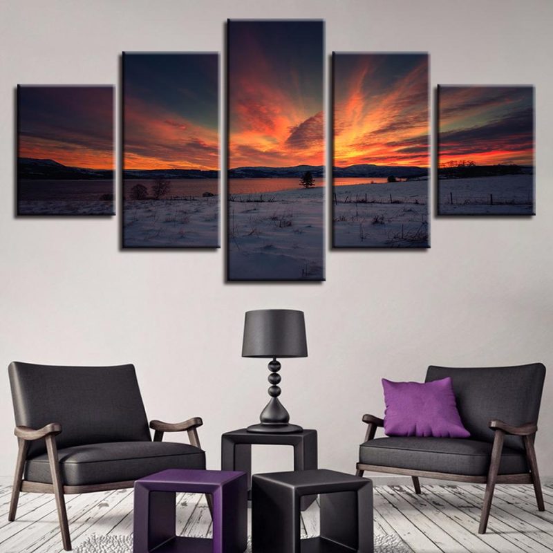 Lake And Mountain Sunset Dusk – Nature 5 Panel Canvas Art Wall Decor ...