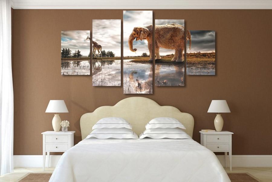 Elephant and Giraffe – Animal 5 Panel Canvas Art Wall Decor – Canvas Storm