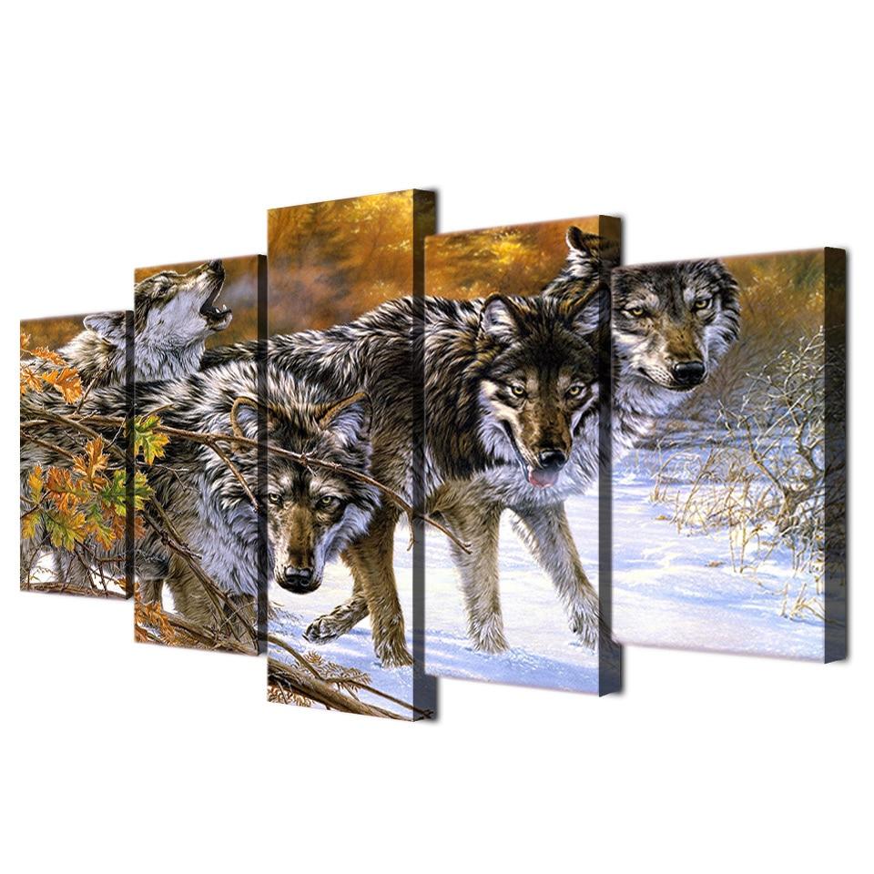 Wolf On Snowy Mountain – Animal 5 Panel Canvas Art Wall Decor – Canvas ...