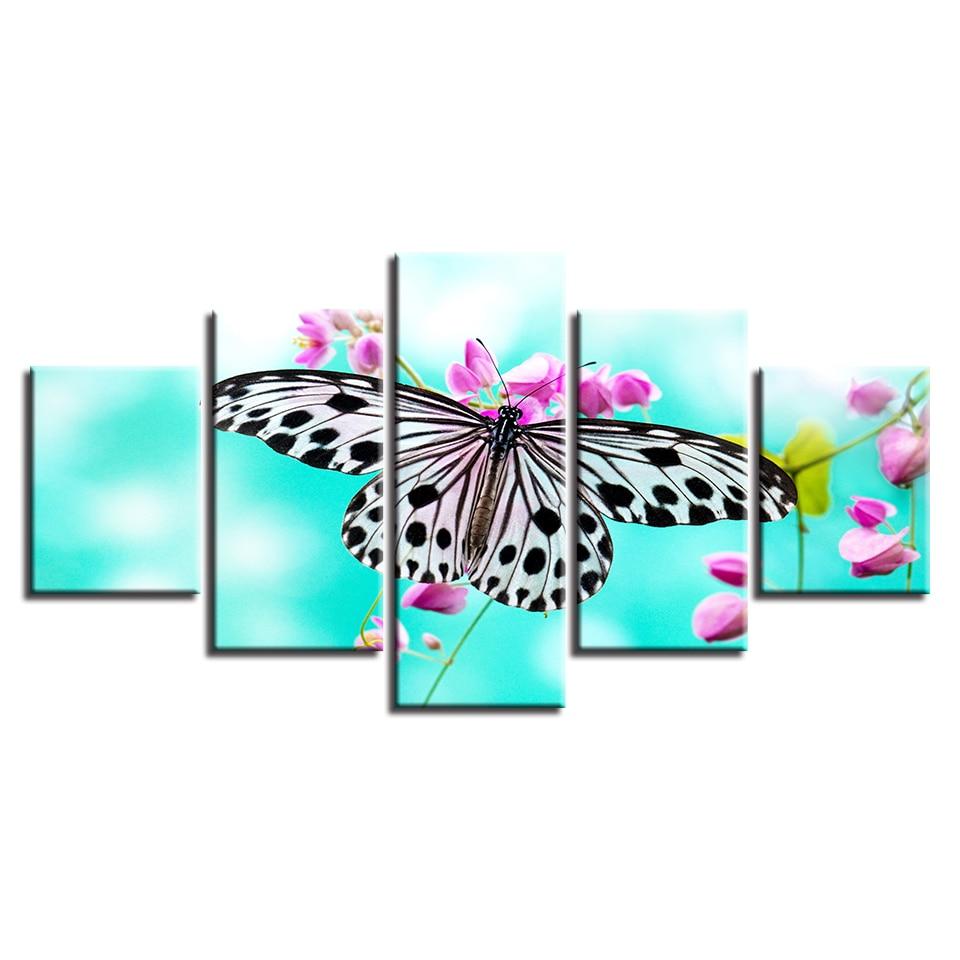 Butterfly And Purple Flower – Nature 5 Panel Canvas Art Wall Decor ...