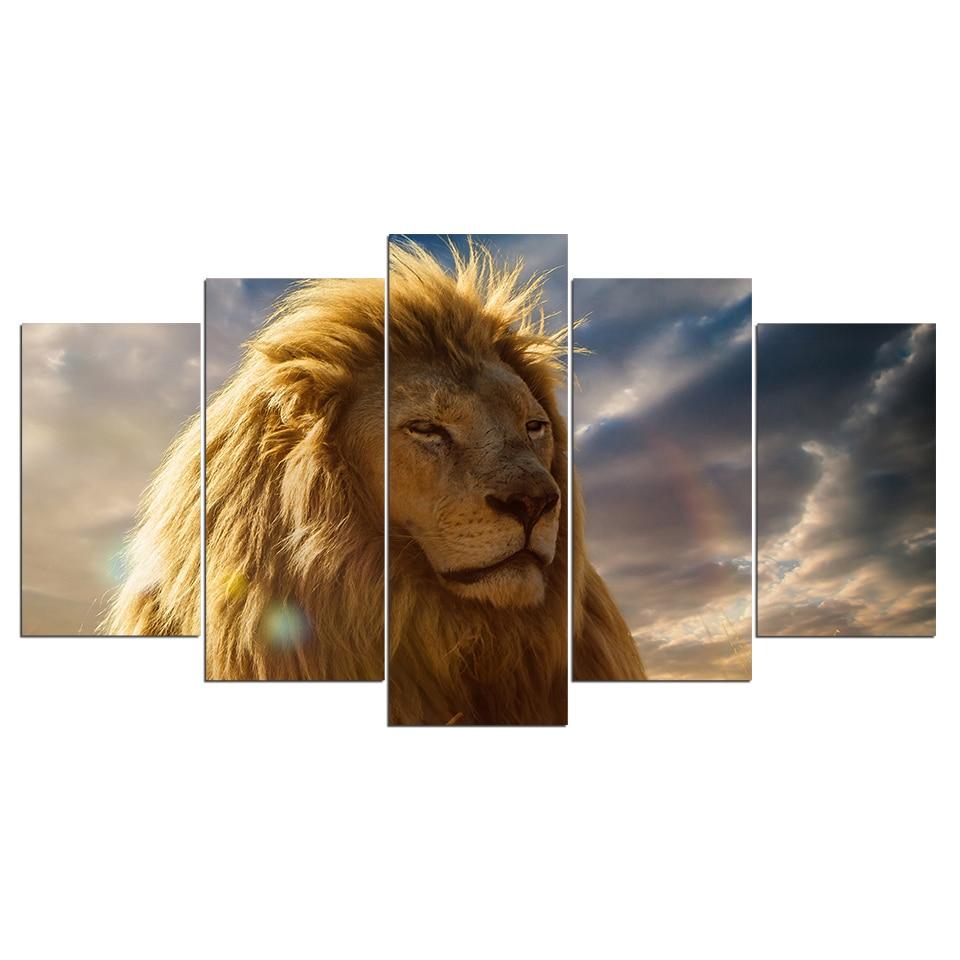 Lion Staring into the distance – Animal 5 Panel Canvas Art Wall Decor ...