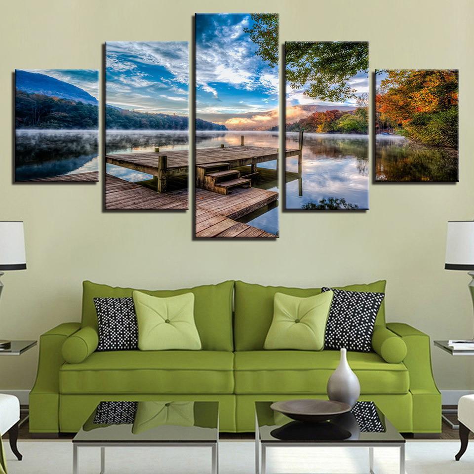 Forest Bridge Stand Lake Early Morning Scenery – Nature 5 Panel Canvas ...