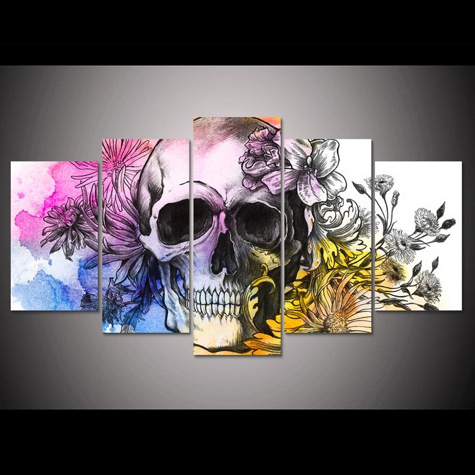 Skull With Flowers 20 Abstract 5 Panel Canvas Art Wall Decor Canvas