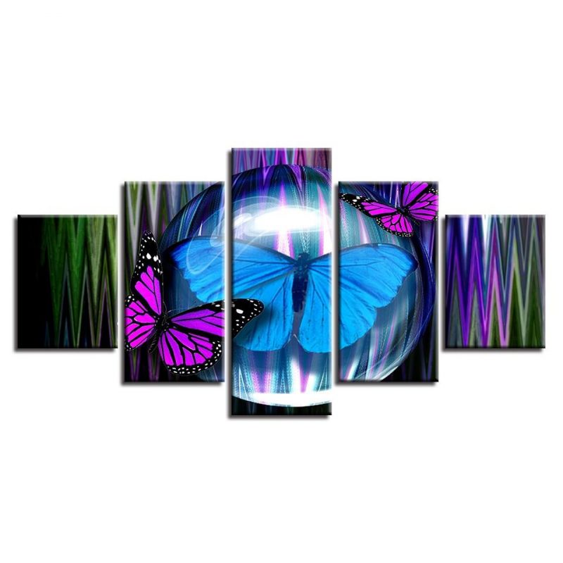 Purple And Blue Butterfly – Animal 5 Panel Canvas Art Wall Decor ...