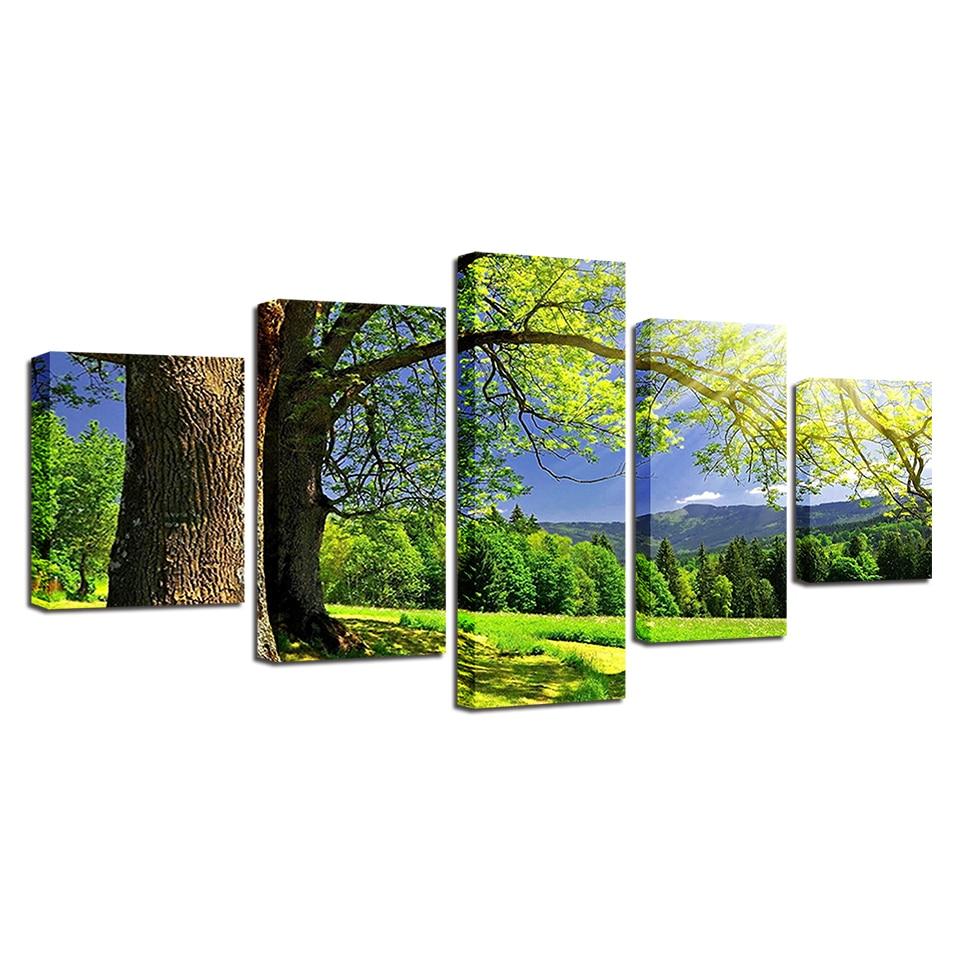 Green Tree Forest Mountain – Nature 5 Panel Canvas Art Wall Decor ...