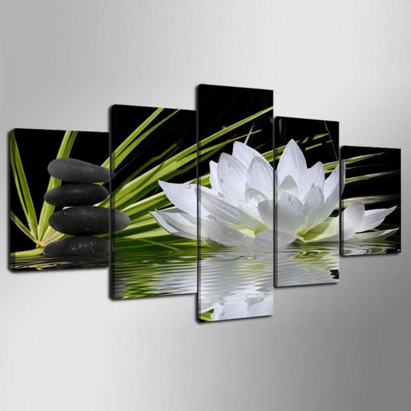 White Lotus Flower 1 – Nature 5 Panel Canvas Art Wall Decor – Canvas Storm