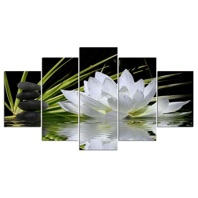 White Lotus Flower 1 – Nature 5 Panel Canvas Art Wall Decor – Canvas Storm