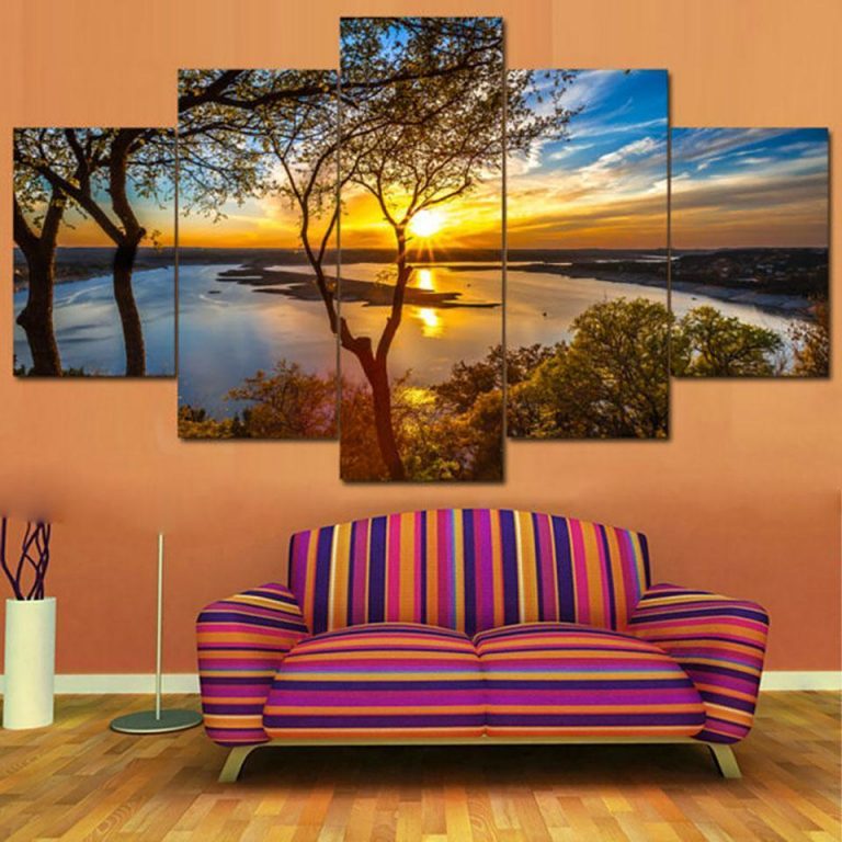 Beautiful Sunrise Lakeview – Nature 5 Panel Canvas Art Wall Decor ...