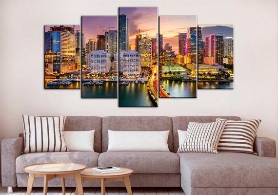 Miami Florida Miami Skyline Miami – Nature 5 Panel Canvas Art Wall ...