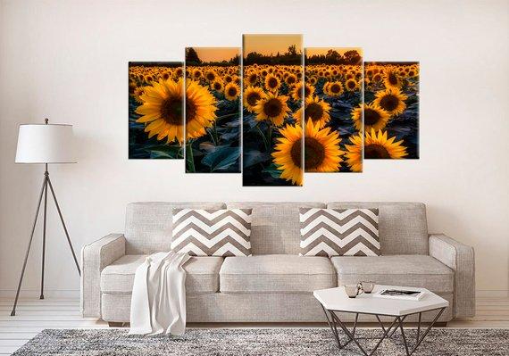 Sunflower Large Artwork Sunset – Nature 5 Panel Canvas Art Wall Decor ...