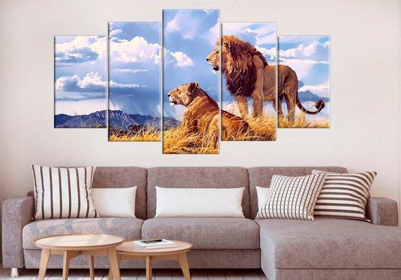 Lion Lioness 2 Animal 5 Panel Canvas Art Wall Decor Canvas Storm