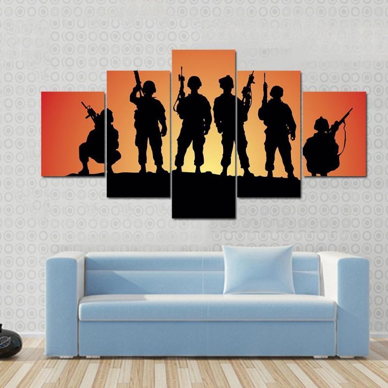 Military Soldiers Silhouettes Army 5 Panel Canvas Art Wall Decor