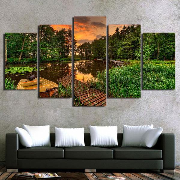 Boat Dock With Forest Sunset Tree Pond 01 – Nature 5 Panel Canvas Art ...