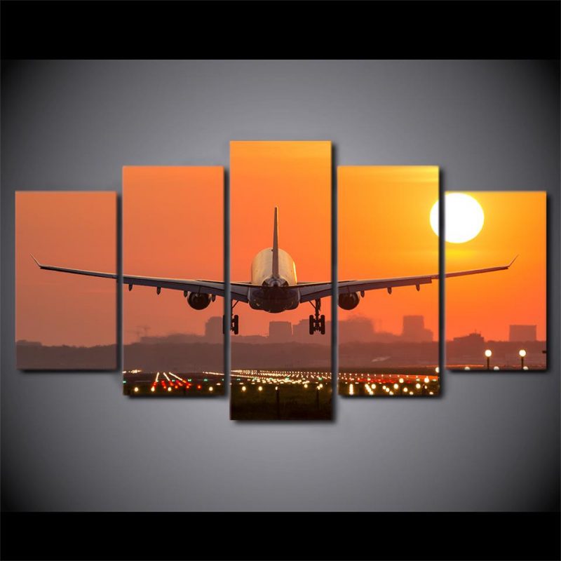 Airplane Sunset – Aircraft 5 Panel Canvas Art Wall Decor – Canvas Storm