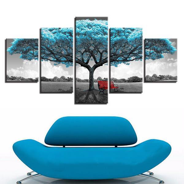 Blue Big Teal Tree Red Abstract 5 Panel Canvas Art Wall Decor Storm - Teal Blue Canvas Wall Art