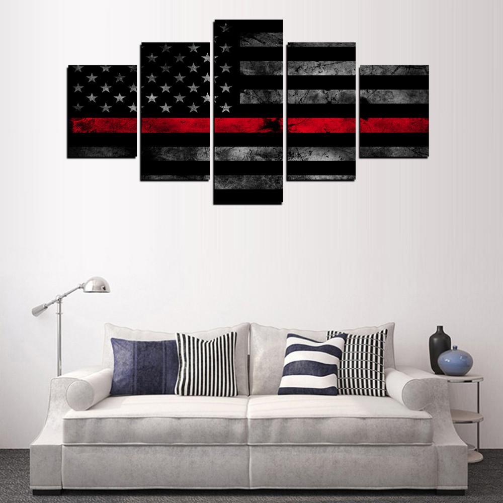 Thin Red Line Flag Abstract 5 Panel Canvas Art Wall