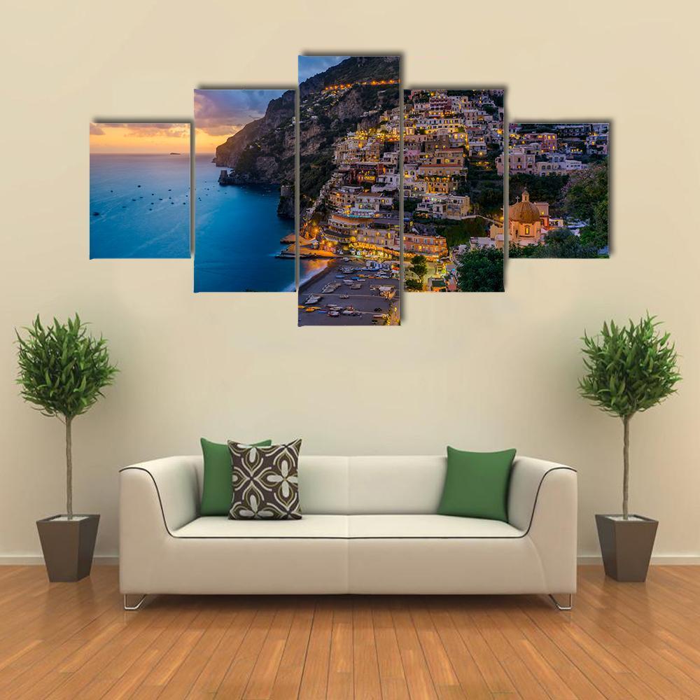 Sunset Over Positano At Amalfi Coast – Nature 5 Panel Canvas Art Wall ...