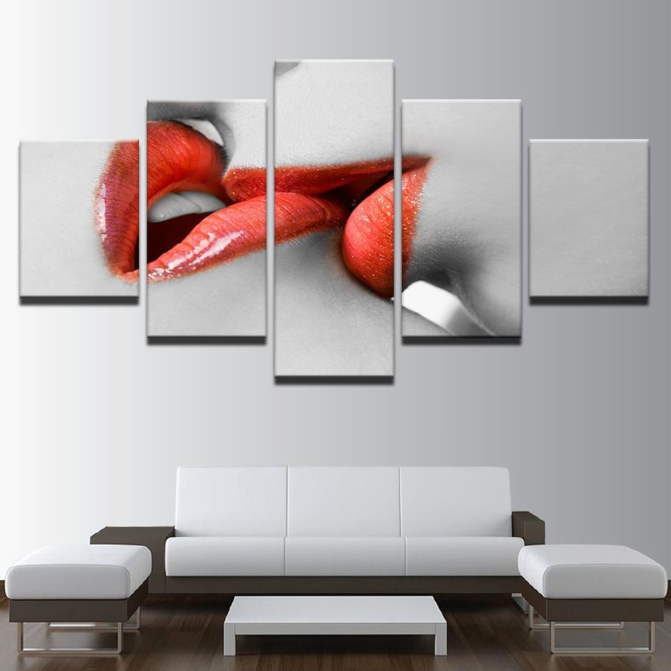 Woman Red Lipstick Red Lips Kiss Artistic Abstract 5 Panel Canvas Art Wall Decor Canvas Storm