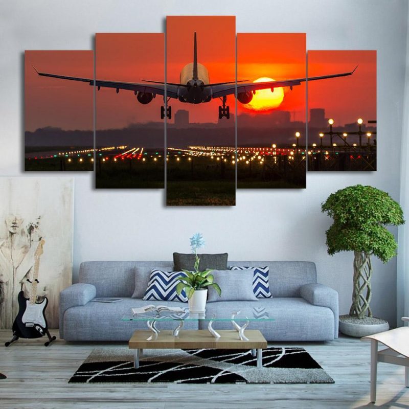 Red Sunset Plane – Aircraft 5 Panel Canvas Art Wall Decor – Canvas Storm