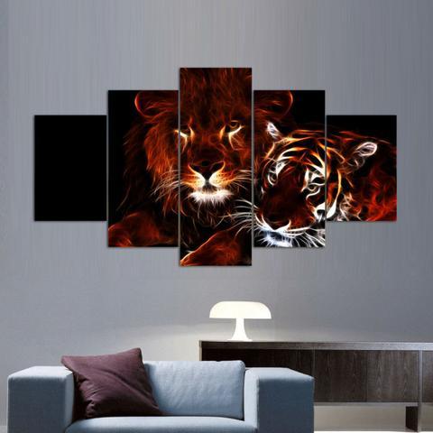 Lion And Tiger – Animal 5 Panel Canvas Art Wall Decor – Canvas Storm