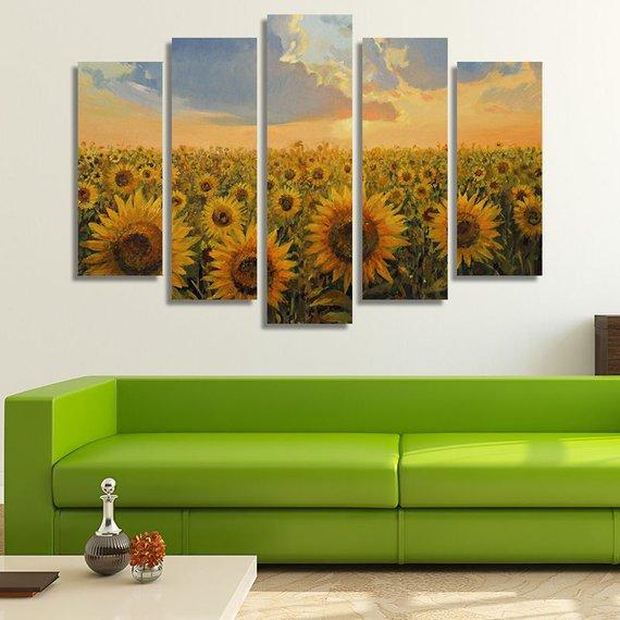 Sunflowers In The Sunset – Nature 5 Panel Canvas Art Wall Decor ...