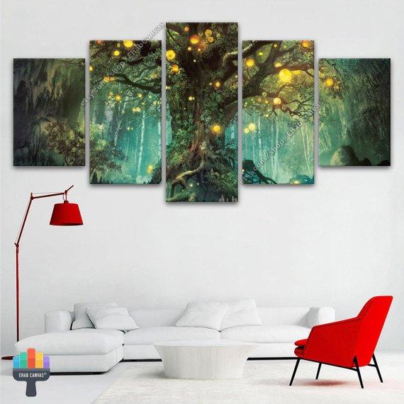 Tree Of Life Lights Canvas Decor, Fantasy Nature – Abstract 5 Panel ...