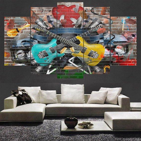 Guitar Graffiti Musical Instruments Abstract 5 Panel Canvas Art Wall