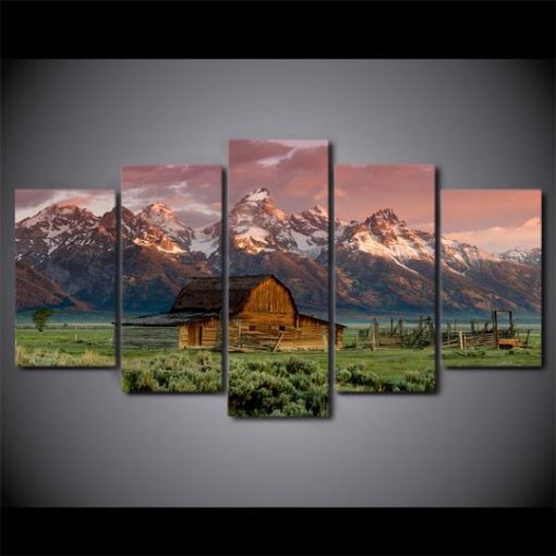 Old Barn Against The Rocky Mountains Nature 5 Panel Canvas Art Wall Decor Canvas Storm