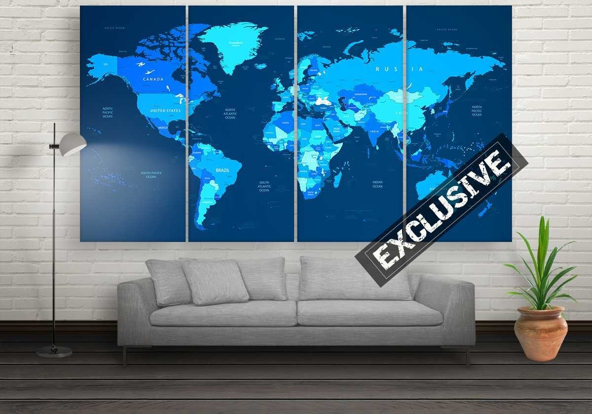 Blue World Map World Map 5 Panel Canvas Art Wall Decor Canvas Storm