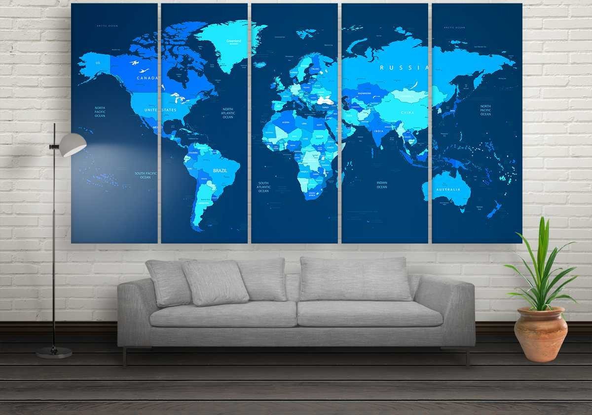 Blue World Map World Map 5 Panel Canvas Art Wall Decor Canvas Storm