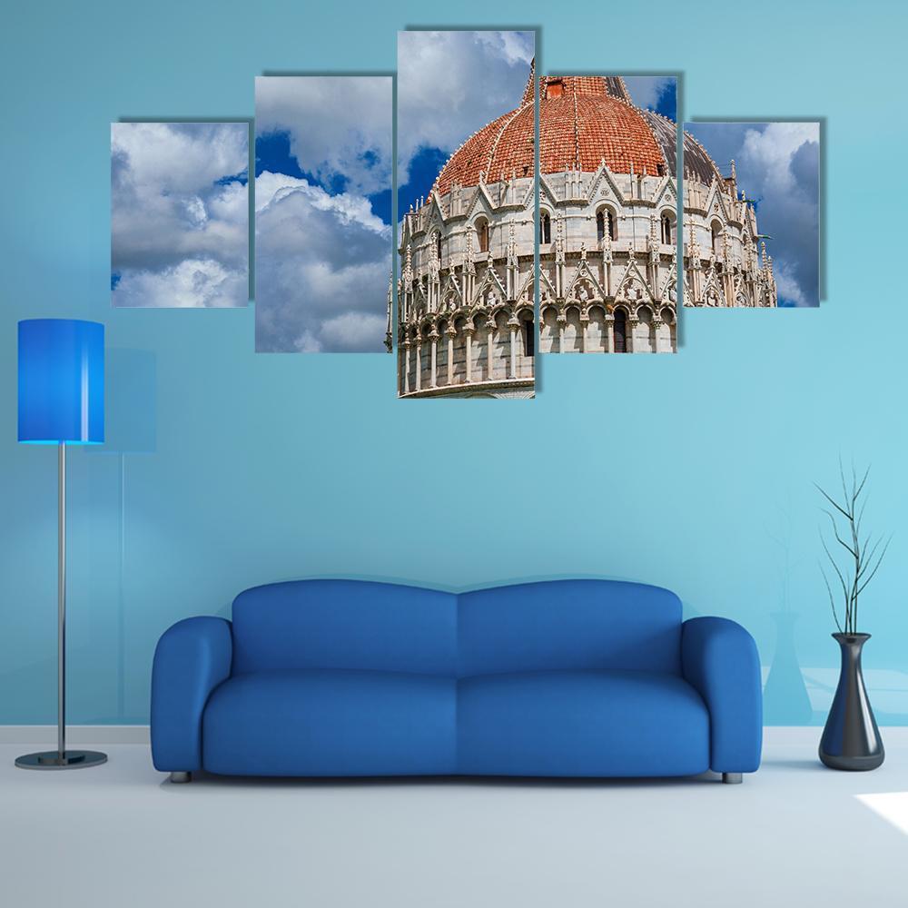 View Of Pisa Baptistry Gothic Medieval Dome Among Clouds Nature 5 Panel Canvas Art Wall Decor Canvas Storm