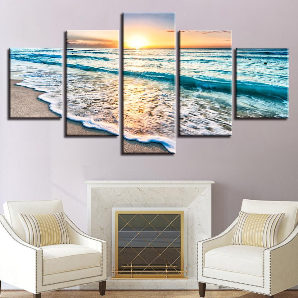 Ocean Waves In Sunset Nature 5 Panel Canvas Art Wall