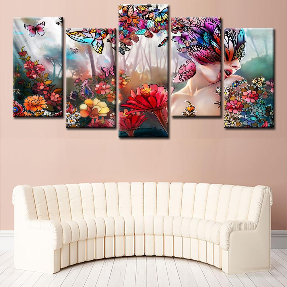 Butterfly Girl Flowers Abstract 5 Panel Canvas Art Wall Decor Canvas Storm