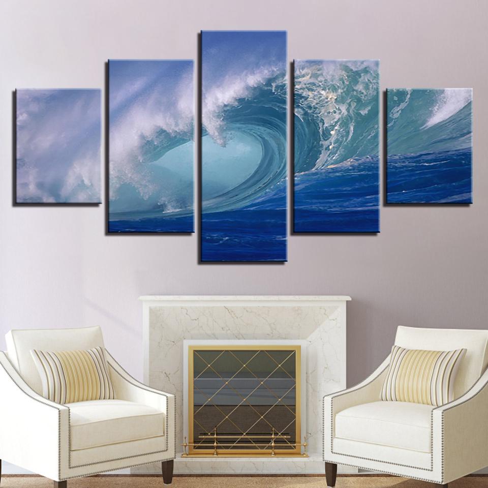 Blue Ocean Sea Rolling Waves Seascape – Nature 5 Panel Canvas Art Wall ...