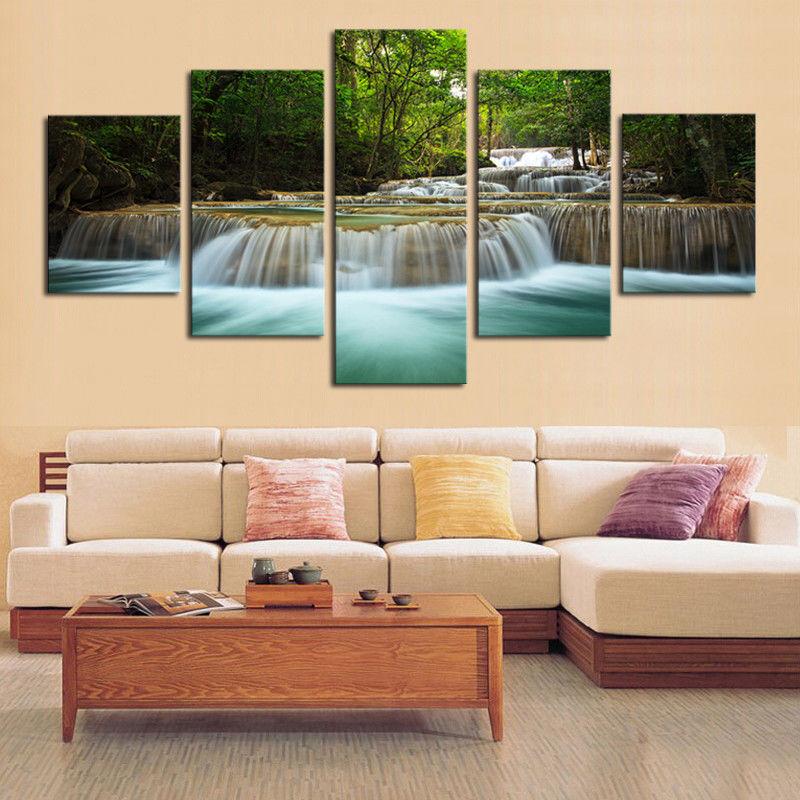 Waterfall River Forest – Nature 5 Panel Canvas Art Wall Decor – Canvas ...